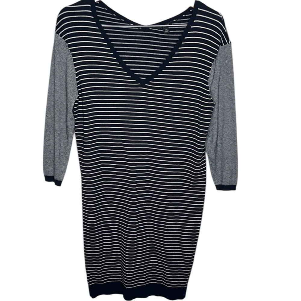 Ann Taylor Navy Striped V-Neck Long Sleeve Dress Women Petite Size Medium